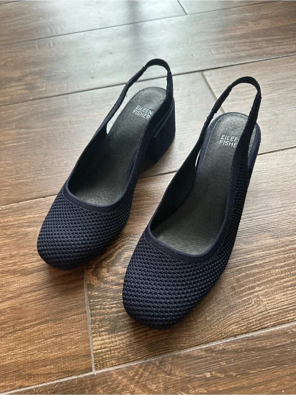 Eileen Fisher Navy Blue Yarn Knit Slingback Block Heel Pumps Size 8.5